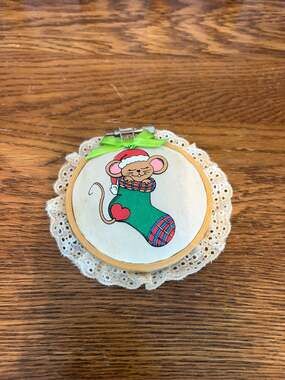 Giftco Heart Warmers Christmas Ornament Mouse in Stocking Wood and Cloth